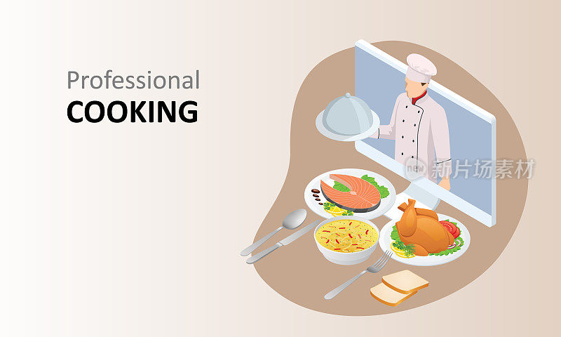 Isometric cooking school blog. Online ordering food in a restaurant